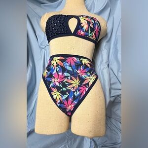 Colorful Leaf Print Tube Top Bikini Set with High Waisted Thong